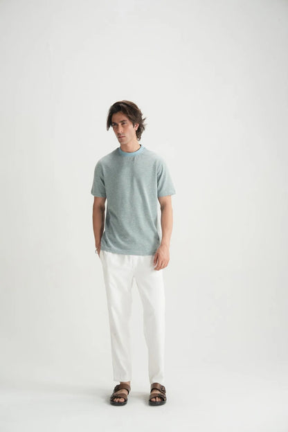 Men's light blue striped crewneck T-shirt, angled front view with short sleeves