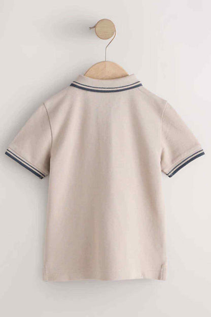 Kids stone polo shirt on hanger, back view with navy striped collar trim