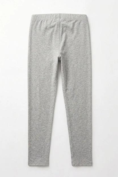 Grey heather knit pants with elastic waistband and straight leg seams