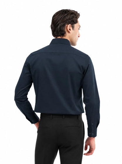 Men's dark navy cotton dress shirt back view with long sleeves and button cuffs