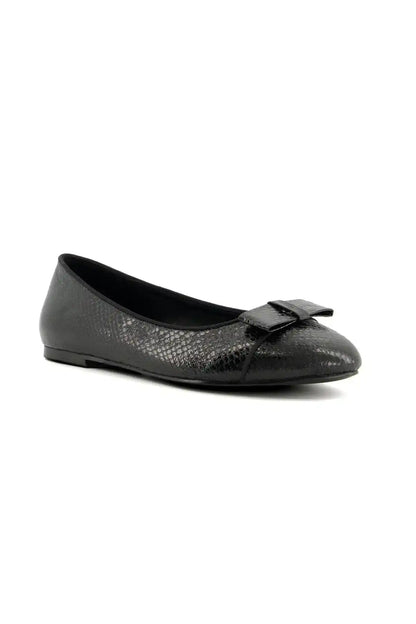 Black textured ballet flats with buckle bow strap and square toe