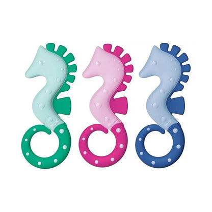 Silicone baby teether set: mint, pink, and blue ring with soft spikes