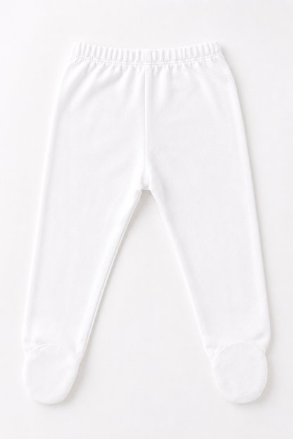 BABYSHOP white baby pants with straight legs, elastic waist, footed cuffs