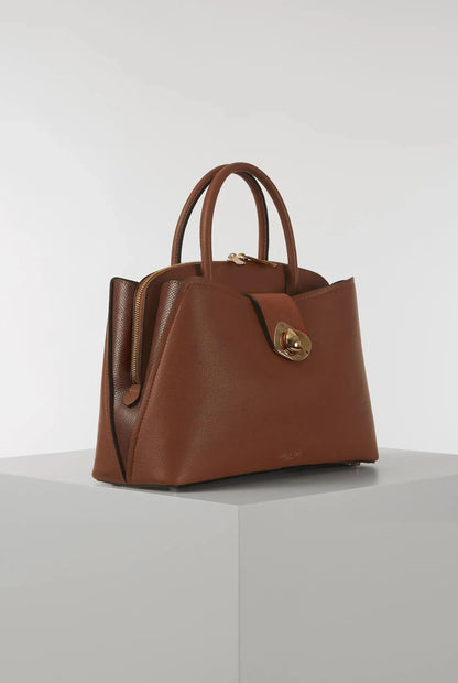 Brown handbag with top handles and side zipper pocket, gold hardware and clasp