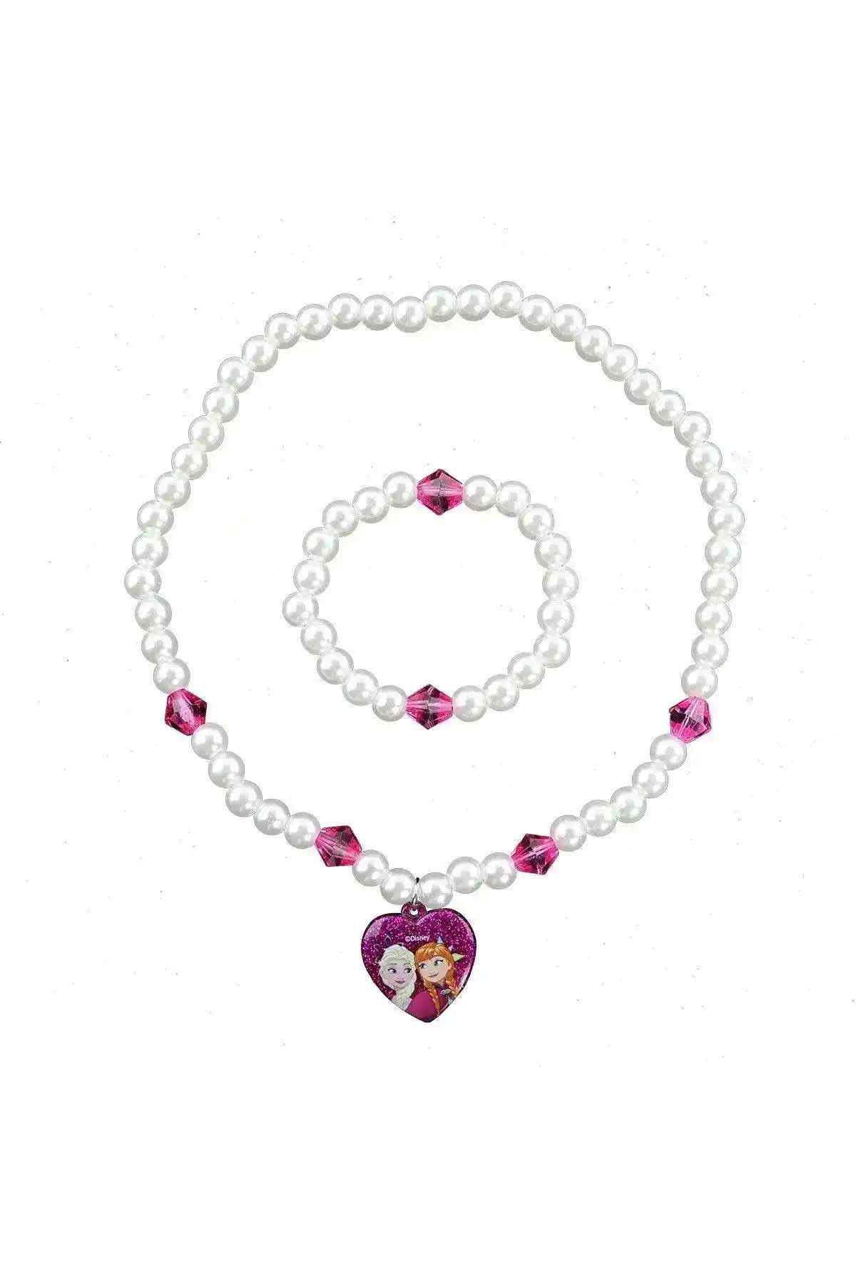 White pearl beaded necklace with heart pendant and pink crystal bead details