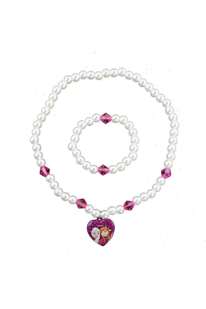 White pearl beaded necklace with heart pendant and pink crystal bead details