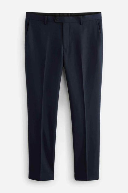 Navy tailored dress trousers with straight legs, center crease, and button closure.