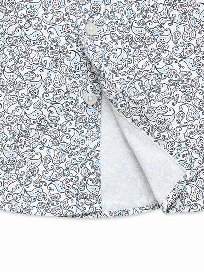 Brumano blue-and-white swirl patterned cotton button-up shirt sleeve detail