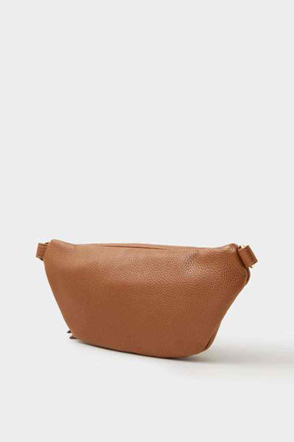 Tan belt bag side view with adjustable strap and top zip