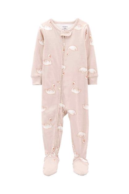 Carter's footed zip-up baby sleeper with flamingo print, long sleeves, pink-beige