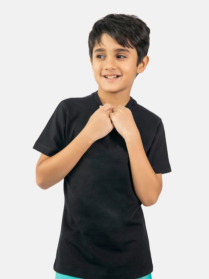 Black cotton kids T-shirt with crew neck, short sleeves, small chest logo