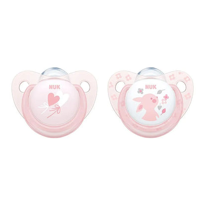 NUK silicone baby pacifiers, pink with heart and rabbit designs, two-pack