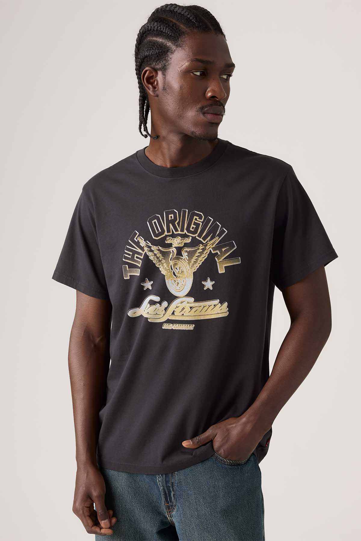 Men's dark front graphic crewneck T-shirt with short sleeves