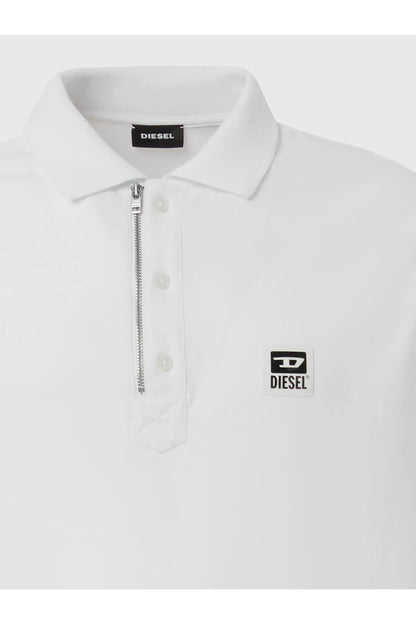 White polo shirt close-up: fold-over collar, front zip detail, Diesel chest badge