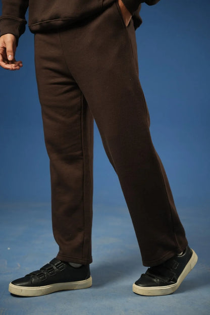 Brown straight-leg pants with full-length hem and side seams