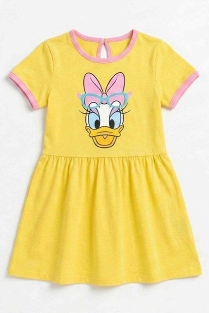 Yellow baby girls’ short dress with pink trim and cartoon duck face graphic