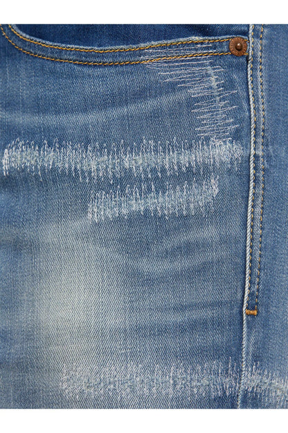 Blue denim jeans with whiskered fade detail on back pocket
