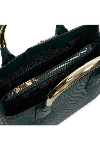 Dark green tote bag interior with zip pocket, patterned lining, and gold zipper