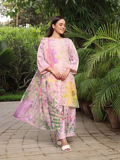 Light pink floral kurta with 3/4 sleeves and palazzo pants, with matching dupatta