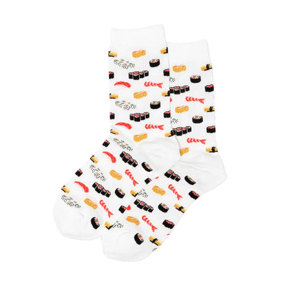 White crew socks with scattered food icons pattern
