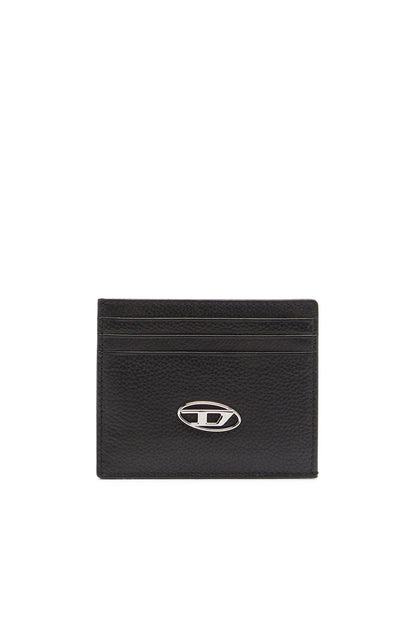 Diesel black leather card holder with front oval logo and top card slot