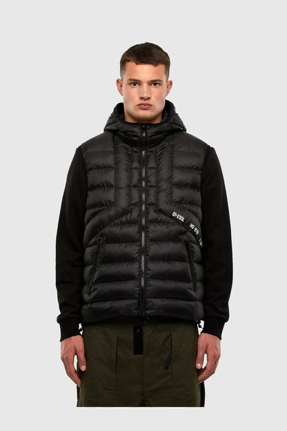 Black quilted hooded puffer jacket with front zipper and logo patch on chest