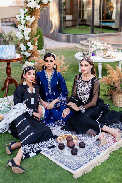 Black embroidered long dress with sheer sleeves and floral motifs, seated view in outdoor setting