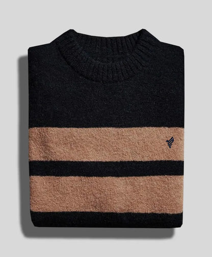 Black and tan striped knit sweater, ribbed crew neck