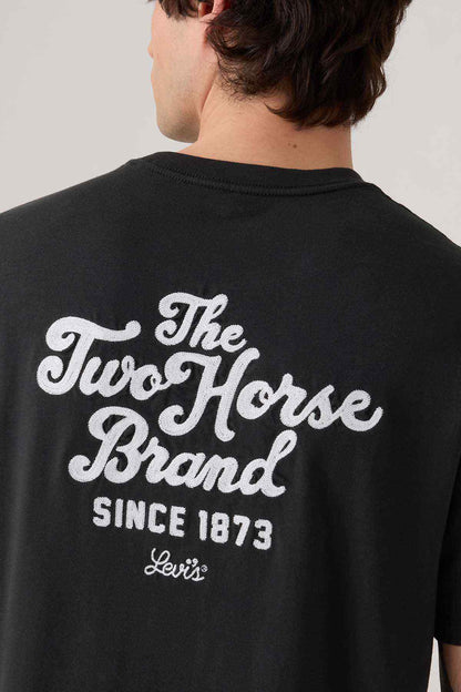 Men's black T-shirt with large back text graphic: The Two Horse Brand Since 1873