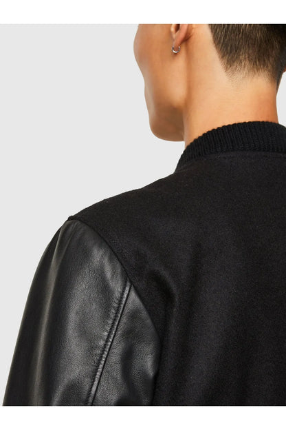 Diesel black leather bomber jacket shoulder with knit collar and smooth leather sleeve