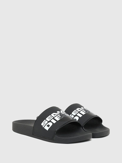Diesel black slide sandals with two wide logo straps