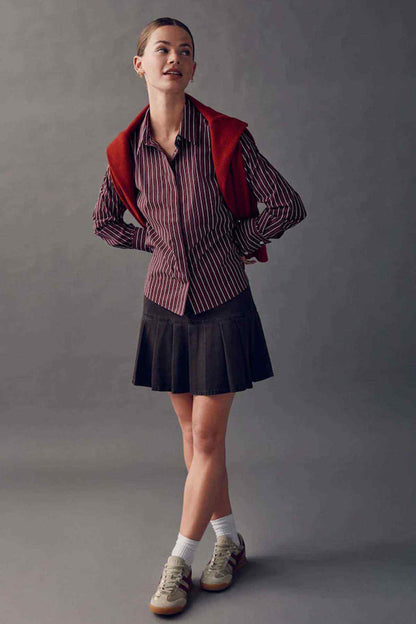 Wine striped long-sleeve button-up shirt with pointed collar and button front