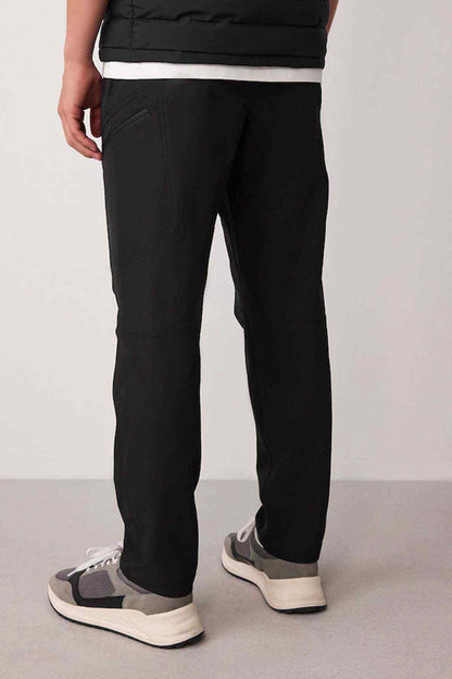 Black straight-leg trousers with front crease detail