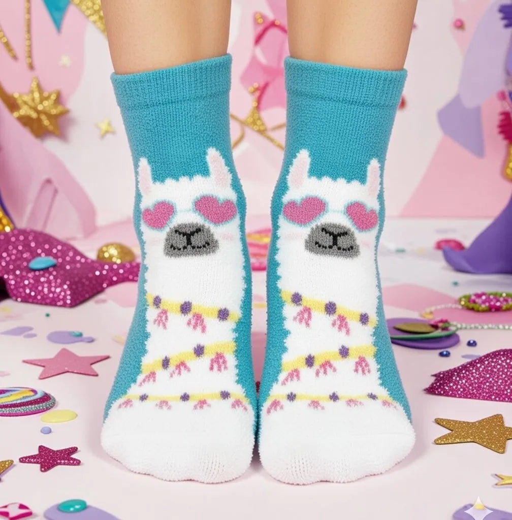 Teal kids' crew socks with white cartoon bear face, hearts, and rainbow stripes