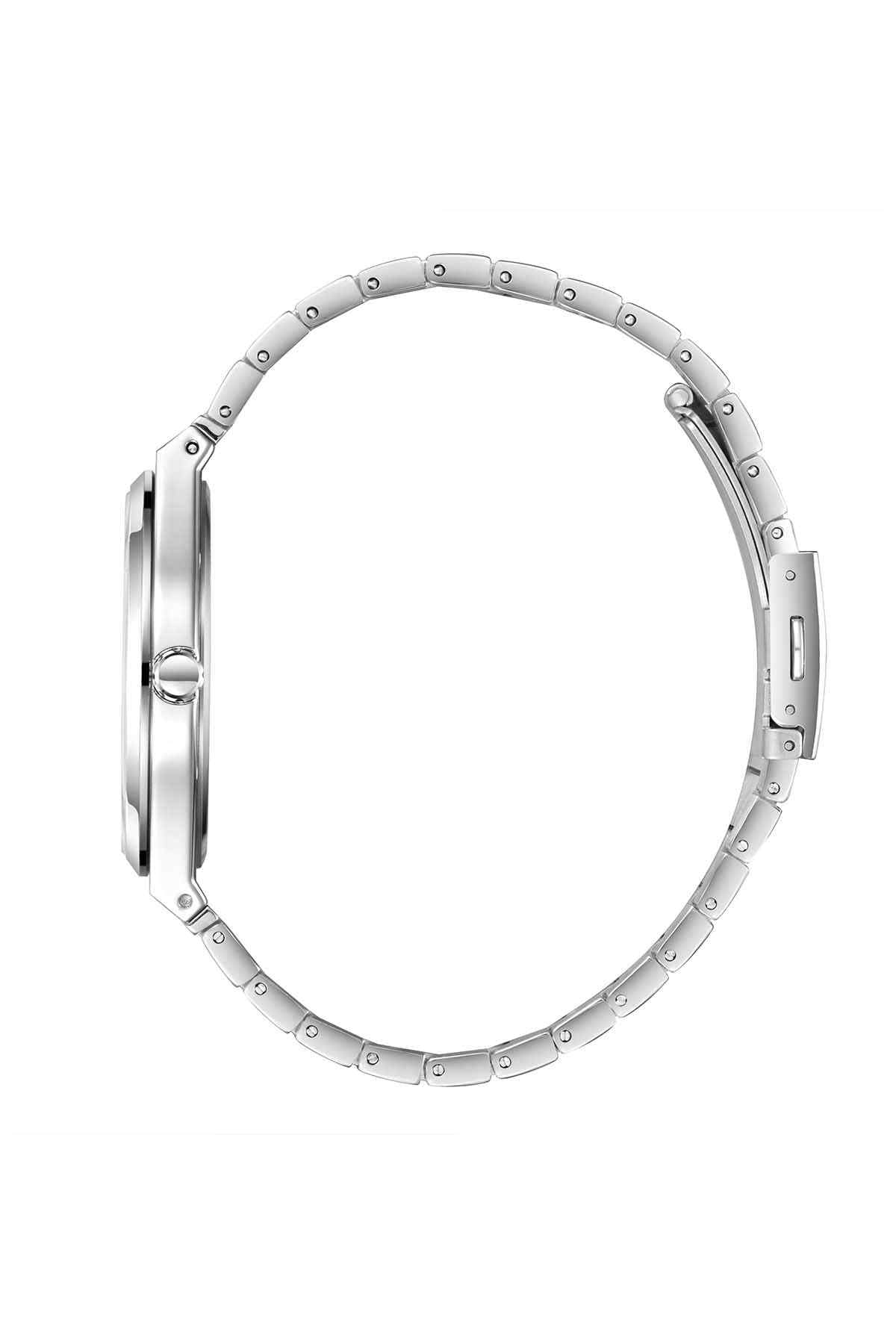 Silver metal wristwatch case and link bracelet, with side crown