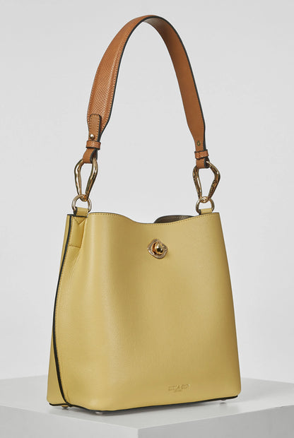 Luella Grey Pakistan yellow handbag with brown leather handles and gold clasp