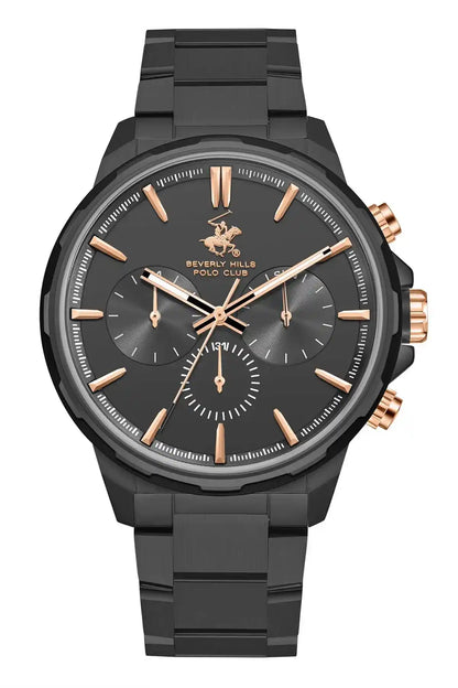 Black sport watch with rose-gold markers, chronograph dials, and link strap