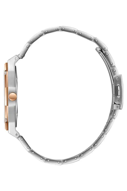 Rose gold and silver-tone wristwatch with linked bracelet, side profile