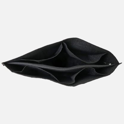 Black fabric organizer tray with open compartments and metal clasp