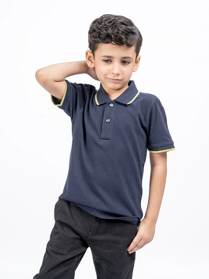 Kids navy polo shirt with yellow-trim sleeves and button placket
