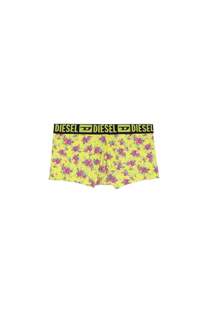 Diesel boxer shorts flat lay; yellow multicolor floral pattern and black logo waistband