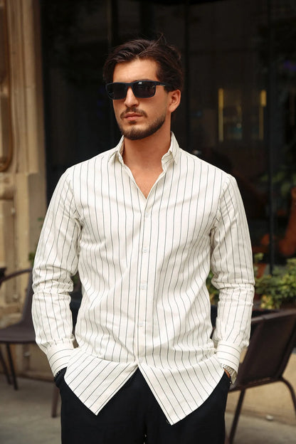 Men's off-white pinstripe button-up shirt with cuffs and pointed collar