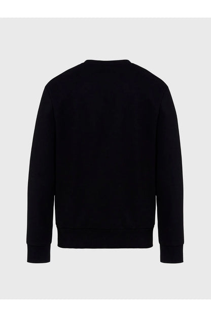 Black crewneck sweatshirt back view, plain hem and cuffs