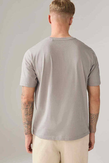 Light gray crew-neck short-sleeve T-shirt on model, back view