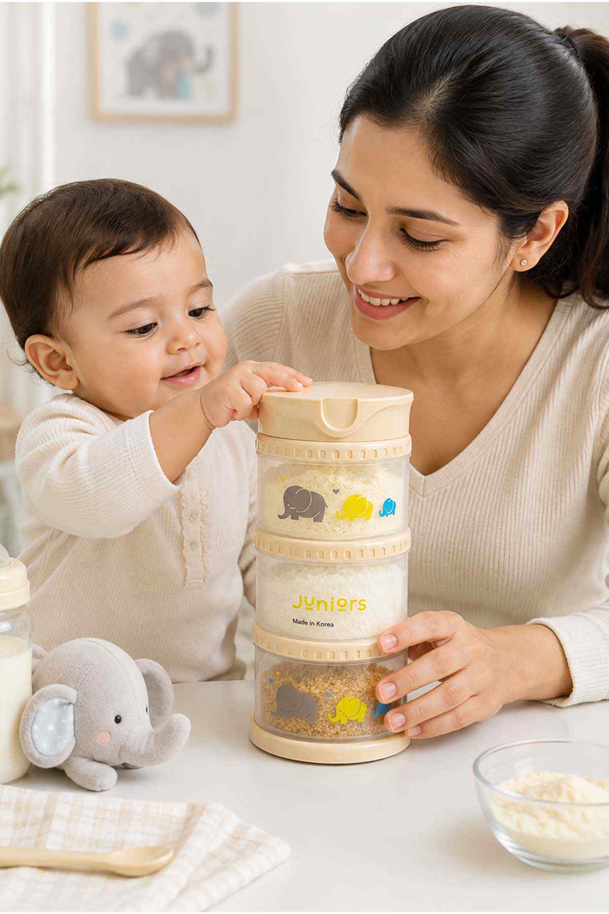 Beige stackable baby food storage containers with clear bodies and animal prints