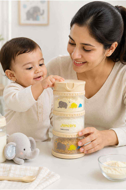 Beige stackable baby food storage containers with clear bodies and animal prints