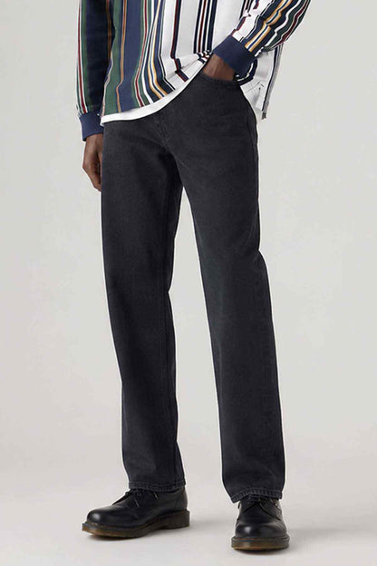 Levi's black jeans, straight-leg fit with belt loops and dark wash.