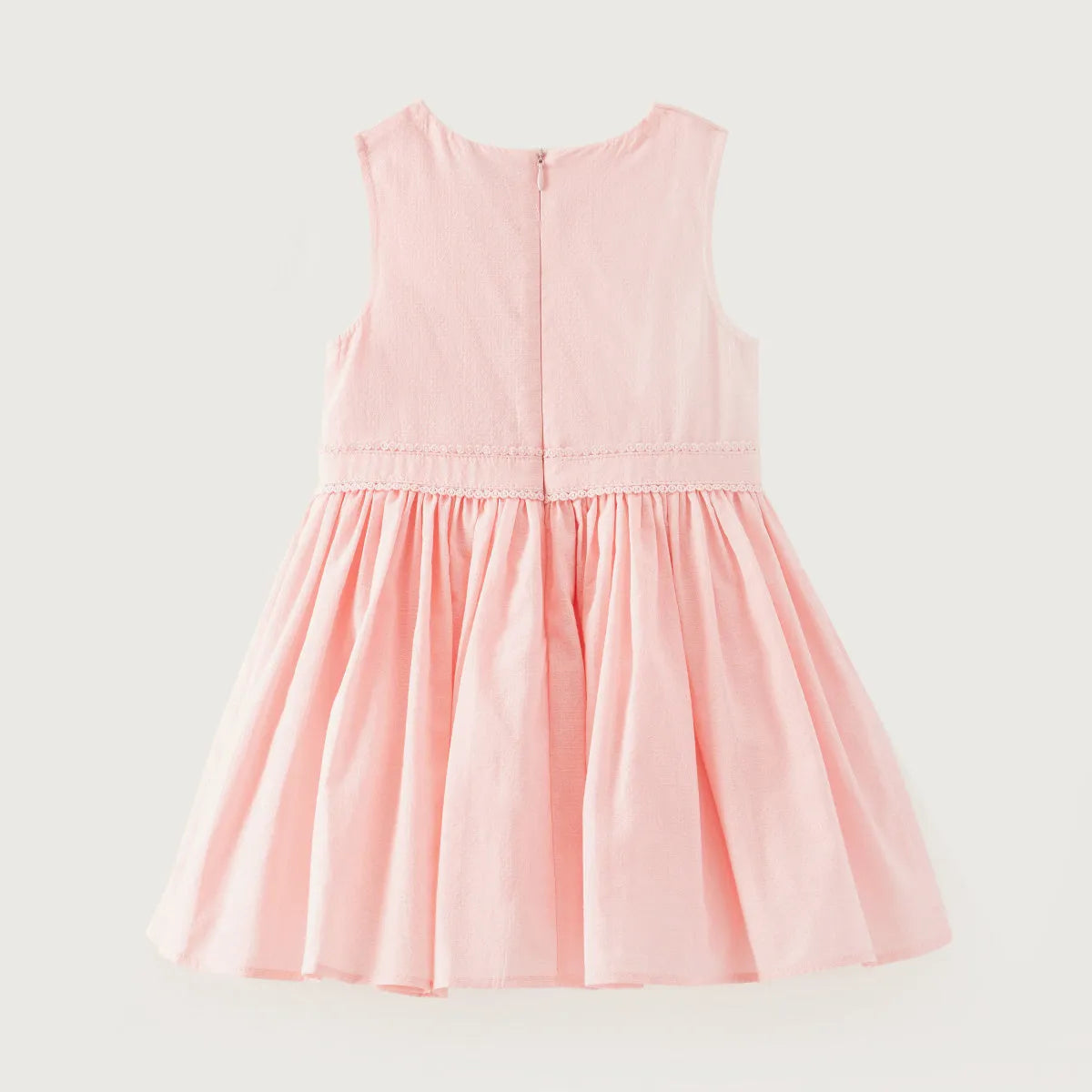 Girls' pink sleeveless party dress with gathered waist and flared pleated skirt