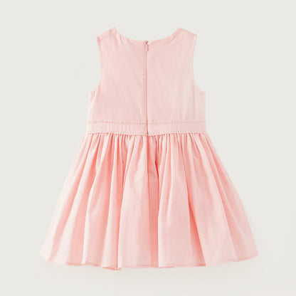 Girls' pink sleeveless party dress with gathered waist and flared pleated skirt