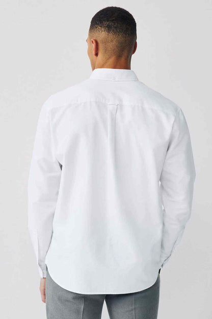 Men's white button-up shirt back view with long sleeves